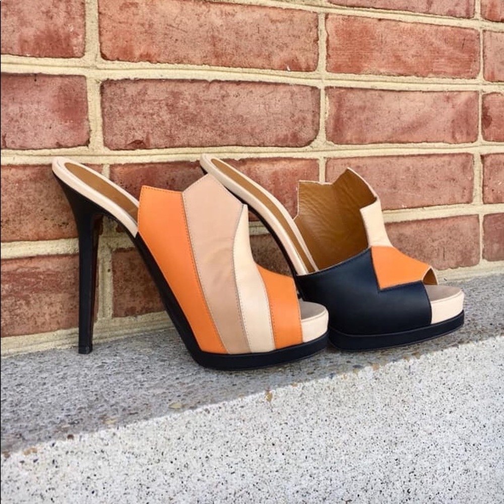 Fendi Tan, Black, and Orange Colorblock Pumps